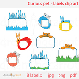 Curious Pet - Label Tag Clip Art Cat Rabbit Flower Color Hiding Note Text Space