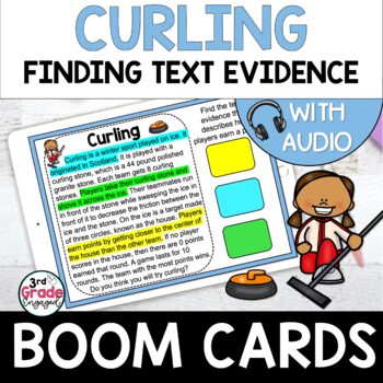 Preview of Curling Finding Citing Text Evidence Reading Boom Cards Task Cards with Audio