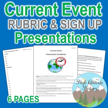 Preview of Current Event Presentation Expectations Rubric Sign up Sheet