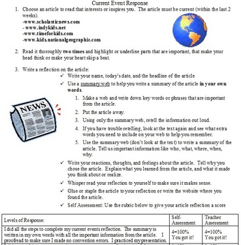 Preview of Current Event Summary Response and Rubric/Assessment