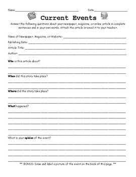 Current Events Worksheet by ThePurpleTeacherNYC | TPT