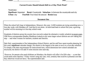 Preview of Current Events: Should Schools Shift to a 4 Day Work Week?