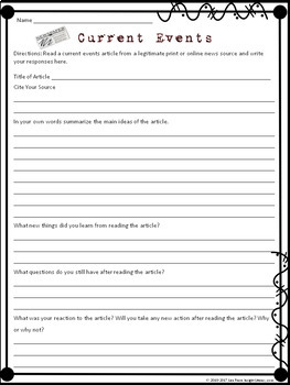 Current Events Worksheet & Grading Rubric by Lisa Frase | TpT