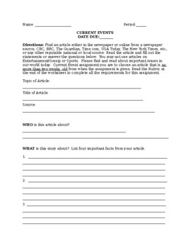 Preview of Current Events worksheet