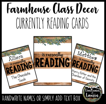 Preview of Farmhouse Classroom Decor Signs Currently Reading Cards