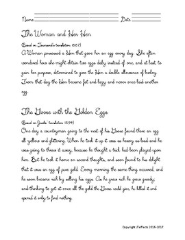 Preview of Cursive Aesop Fable. Compare: The Goose Who Laid the Golden Egg, Woman & Her Hen