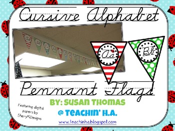 Preview of Cursive Alphabet Pennant Flags Ladybugs