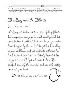 Preview of Cursive ELA-Aesop Fables The boy and the Filberts. Common Core!