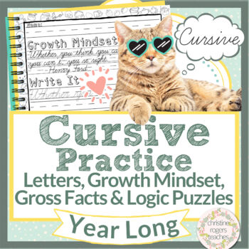 Preview of Cursive Handwriting Morning Work Gross Facts Growth Mindset Math Logic Puzzles