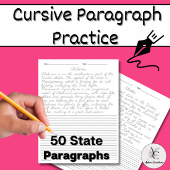 Preview of Cursive Handwriting Practice 50 US States Paragraphs