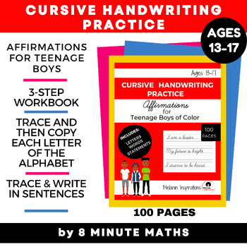 Preview of Cursive Handwriting Practice Book with Affirmations for Teen Boys Grades 7-12