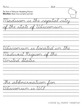 States and Capitals Cursive Handwriting Practice Midwest Region | TpT