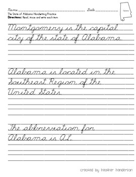 States and Capitals Cursive Handwriting Practice Southeast Region