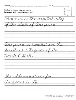 States and Capitals Cursive Handwriting Practice Southwest Region