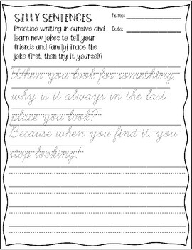 Cursive Handwriting: Silly Sentences by Miss T Teaches 3 | TpT