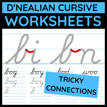 Preview of Cursive Handwriting Worksheets - Tricky Connections - D'Nealian style