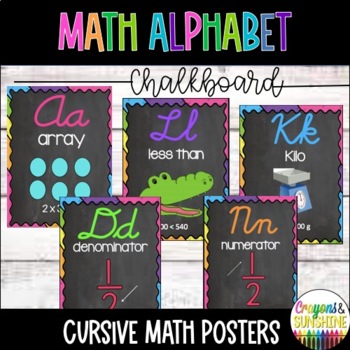 Preview of Cursive Math Alphabet- Chalkboard & Brights | ABC Math | Focus Wall