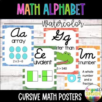 Preview of Cursive Math Alphabet- Watercolor | ABC Math | Focus Wall