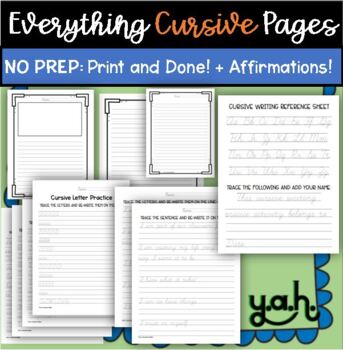 Preview of Cursive Letter Writing Packet Practice Worksheet, Affirmations Back to school