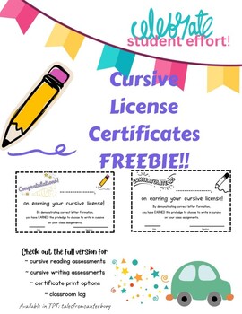 Preview of Cursive Writing Student Certificate FREEBIE!