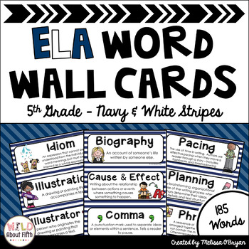 Preview of ELA Word Wall Vocabulary Cards - 5th Grade - Navy & White Striped