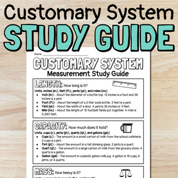 Preview of FREE Customary System Measurement Study Guide for Length, Capacity, and Mass