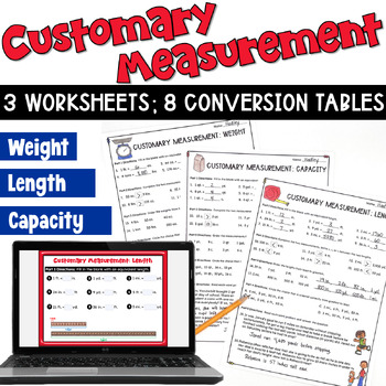 Preview of Customary Measurements Worksheets: Length, Weight, Capacity, & Conversion Tables