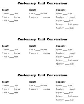 Preview of Customary Unit Conversions- Journal Notes (3 per page)