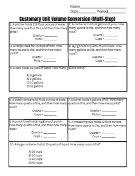 Preview of Customary Unit Volume Conversion (Multi-Step) Worksheet