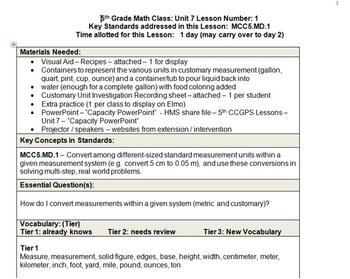 Customary Units Of Measure Lesson Plans 5 Md 1 By Deanna Cross