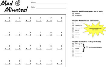Preview of Customizable Addition and Subtraction Mad Minute- Custom Problems- (FREE SAMPLE)