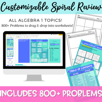 Preview of Customizable Algebra 1 Spiral Review Sheets 800+ Questions