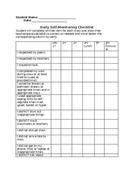 Preview of Customizable Daily Self-Monitoring Checklist 6-12