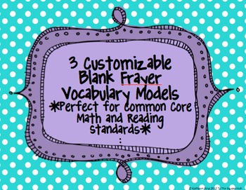 Preview of Customizable Frayer Vocabulary Models *Common Core Math and Reading Standards* :