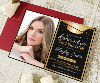 Customizable Graduation Invitation With Photo | Gold and Black Grad Invite