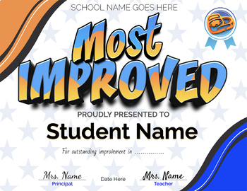Preview of Customizable Most Improved Award Certificate
