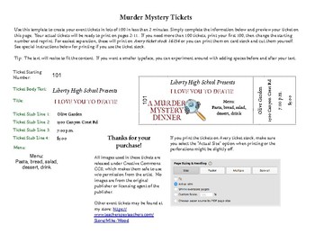 Preview of Customizable Numbered Tickets for a Murder Mystery Dinner