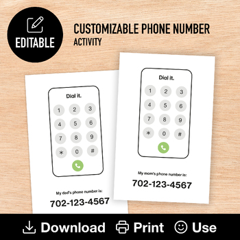 Preview of Customizable Phone Number Activity, Editable & Printable, Phone Dial Practice