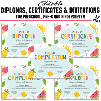 Preview of Customizable Pre-K Diplomas, Kindergarten, Preschool Certificates & Invitations