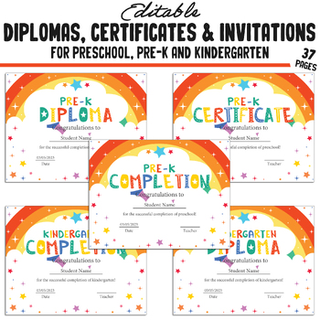Preview of Customizable Rainbow-Themed Pre-K, Kindergarten, and Preschool Diplomas
