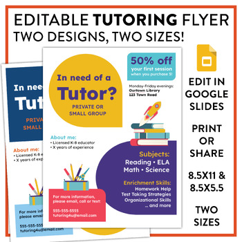 Preview of Customizable Tutoring Flyer Template for Teachers: Two Designs in Two Sizes!