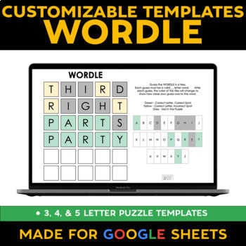 Preview of Customizable WORDLE Templates for Google Sheets (3, 4, & 5 Letter Puzzles)