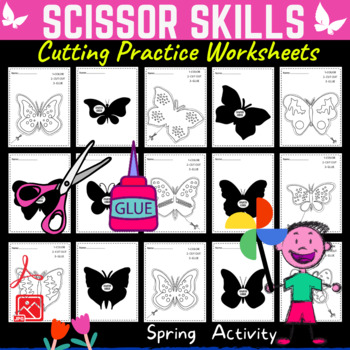 Preview of Cut And Paste Children Educational Game.Butterfly Scissor Skills Spring Activity