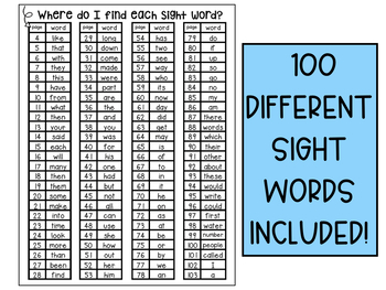 100 sight words kindergarten printable