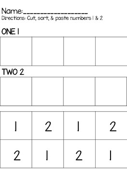 Cut & Sort Numbers 1 & 2 by Lots of Learning with Ms Stefanie | TpT