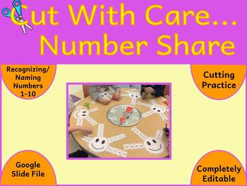 Preview of Cut With Care, Number Share Game- Preschool Number/Cutting Assessment