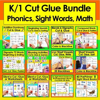 Preview of Cut and Glue 12 Resources BUNDLE Phonics, Rhyming, Sight Words, Addition