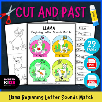 Preview of Cut and Past Llama Beginning Letter Sounds Match - Coloring Worksheet for Kids