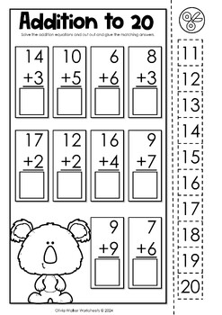 cut and paste addition to 20 adding up to twenty worksheets math centers