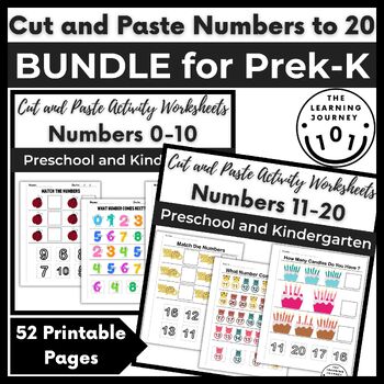 Preview of Cut and Paste Math Activity Worksheets | Numbers to 20 Bundle for PreK – K